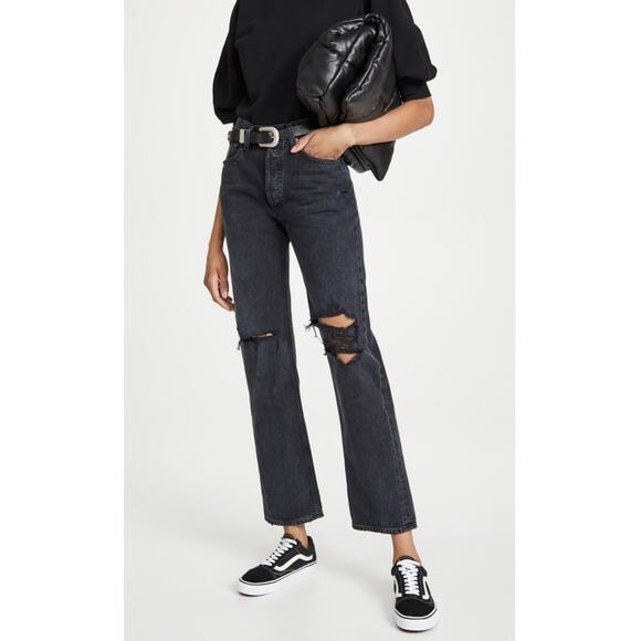 Agolde Lana Mid Rise Vintage Straight Black Distressed Knees Button Fly Size 27 - Picture 1 of 7